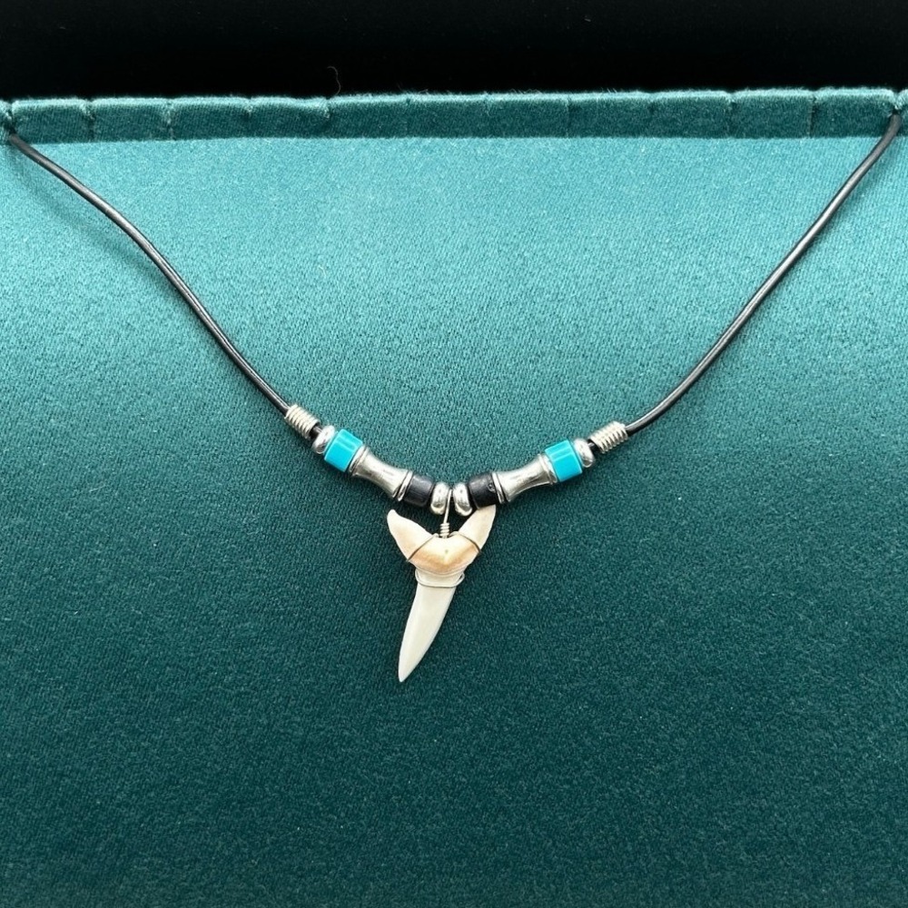 Vintage Tribal Faux Tooth Pendant Necklace Turquoise Beads Leather Cord 17in
